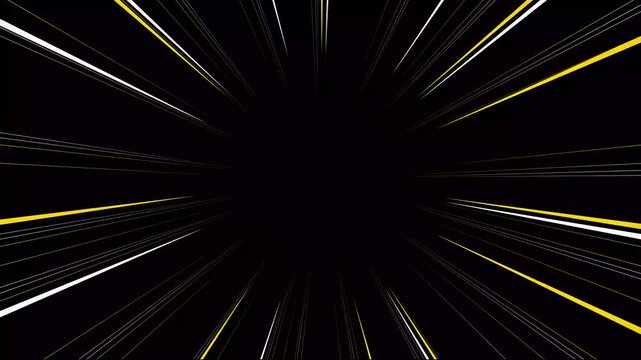 White anime speed line animation with sharp yollow streaks cutting across black background, intense motion blur effect for action scenes and dynamic comic transitions