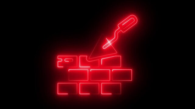 Neon brick wall and trowel animation, construction industry concept, glowing red sign for building and renovation services
