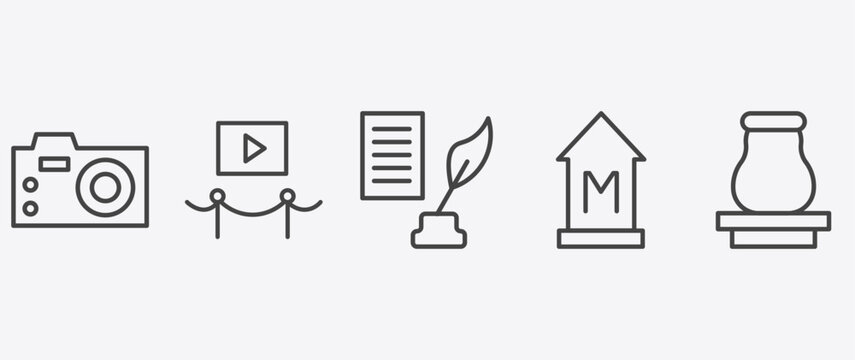 museum and exhibition icon set with electronics, poetry, , souvenir signs in flat outline style
