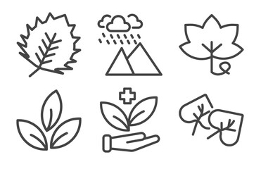 nature icon set with birch leaf, rainy landscape, tree leave, cercis leaf signs in flat outline style © Abstract