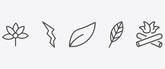 Obraz premium nature icon set with element, orange leaf, lanceolate, camping bonfire signs in flat outline style