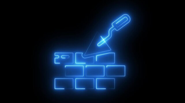 Neon glowing brick wall and trowel animation, construction and masonry concept bricklayer building