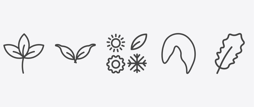 nature icon set with cuspicate, season, hair style, pedunculate signs in flat outline style