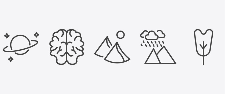 nature icon set with human brian, dune, rainy landscape, obcordate signs in flat outline style