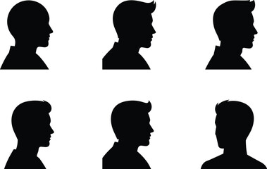 Fototapeta premium Set of male profile silhouette icons showing different hairstyles and head shapes isolated on white background for design and branding