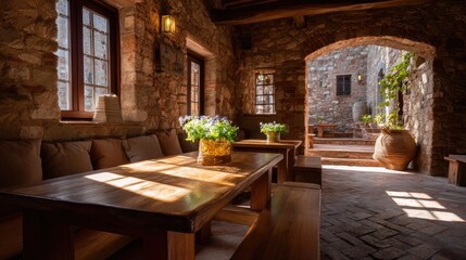 Fototapeta premium Cozy Rustic Interior with Sunlight Streaming Through Windows and Beautiful Plants in a Stone Room