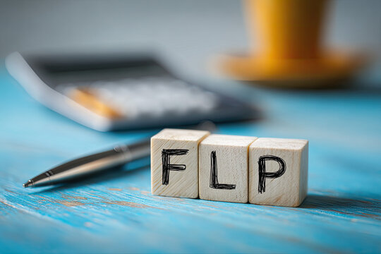 FLP word on a wooden block with pen and calculator on blue background 