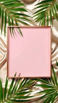 Elegant pink horizontal frame with rose gold border surrounded by green tropical palm leaves on draped champagne silk fabric