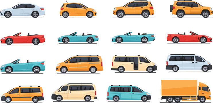 Modern Vehicle Collection Vector Set Featuring Cars Vans Trucks SUVs Convertibles in Flat Side View Style