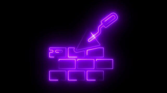 Neon brick wall and trowel animation, construction industry symbol, glowing purple masonry