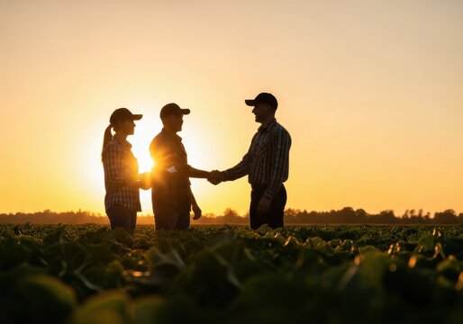 Three farmers shake hands while standing in a crop field during a golden sunset.