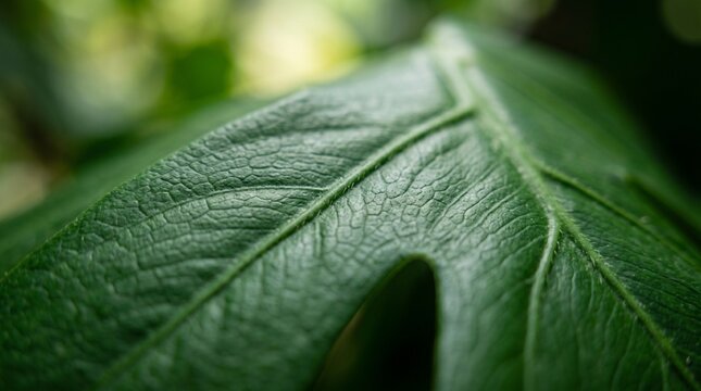 Extreme macro close-up of tropical leaf surface texture in deep emerald green with natural cell pattern