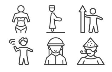 Naklejka premium people icon set with seductive, qiyam, waving goodbye, man partying signs in flat outline style