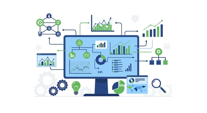 Business data analysis on computer screen with various infographic elements.