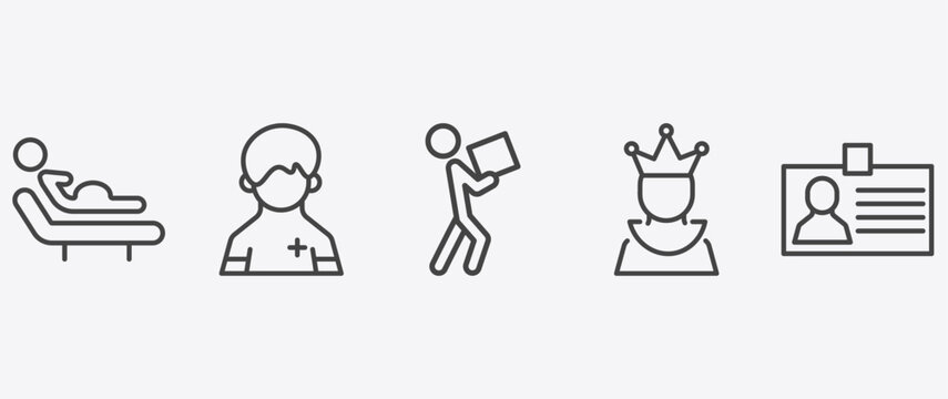 people and relation icon set with pacient, men carrying a box, empress, identification ard signs in flat outline style