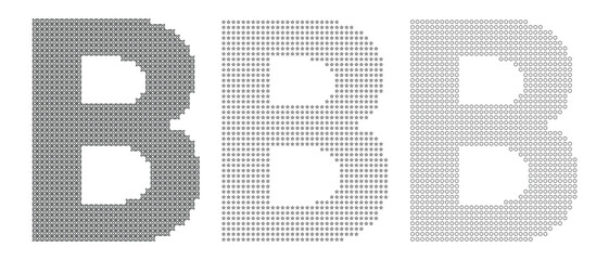 Three letter b shapes composed of small dots and lines in grayscale with grayscale composition typography alphabet character abstract repetition © Mizanur Rahman