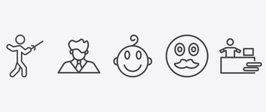 people icon set with man with company, baby smile, hipster smile, assembler signs in flat outline style
