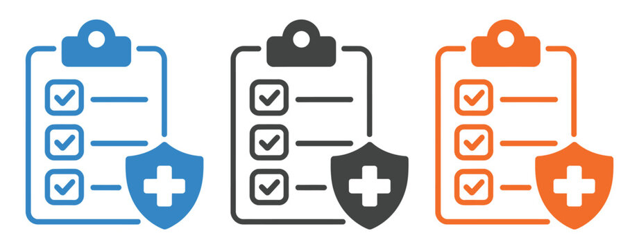 Medical checklist clipboard icons with shield and checkmarks in blue black and orange symbolizing protection audit verification and healthcare compliance concept simple modern vector illustration
