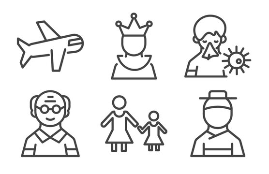 people and relation icon set with aviation, empress, old man, korean signs in flat outline style