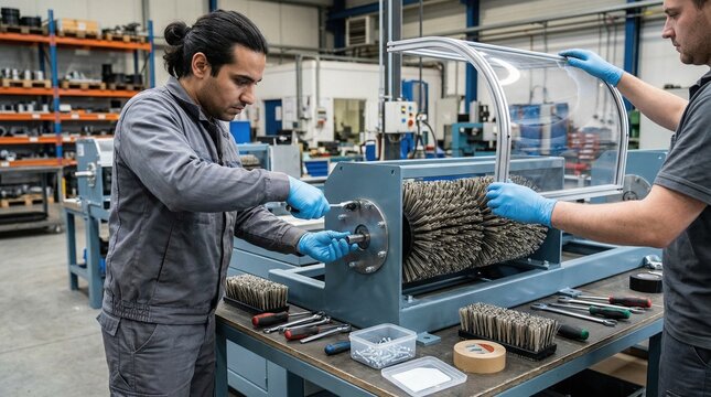 Focused medium shot capturing the assembly of dryprocess deburring line components including brush mounting and dustproof housing installation.