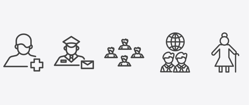 people and relation icon set with postman working, team success, business partnership, elder signs in flat outline style