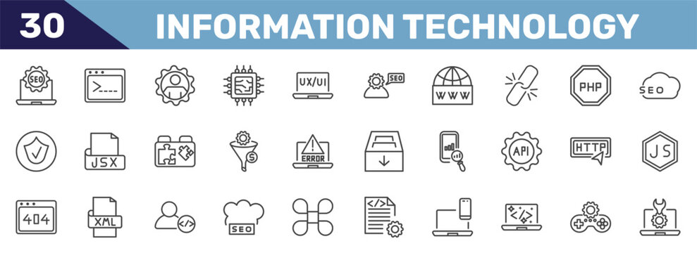 information technology icon set with seo badge, code terminal, seo management, seo tools signs in flat outline style