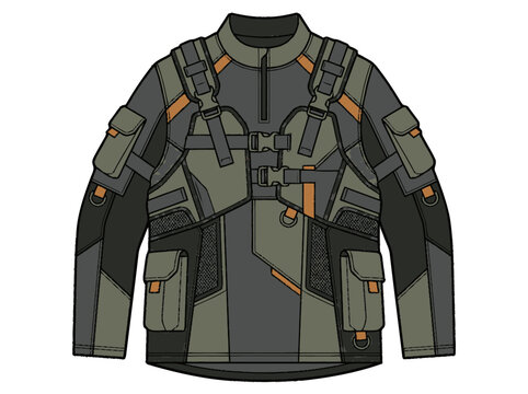 Futuristic tactical techwear jacket with straps and cargo pockets