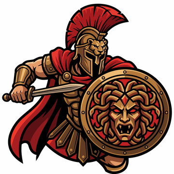 This striking illustration features a valiant Spartan warrior wielding a sword and shield, evoking themes of bravery, strength, and historical valor in a dynamic pose.