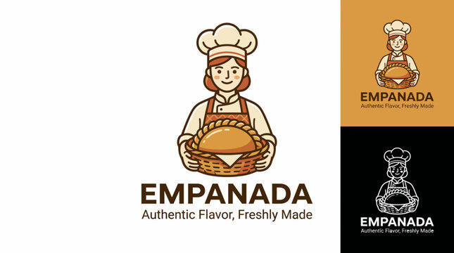 This charming illustration features a chef holding a basket of golden empanadas, representing authentic flavors and freshly made delights in a warm, inviting style.