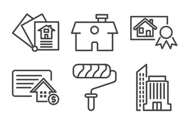 Fototapeta premium real estate industry icon set with catalog, house front view, deposit, office building signs in flat outline style