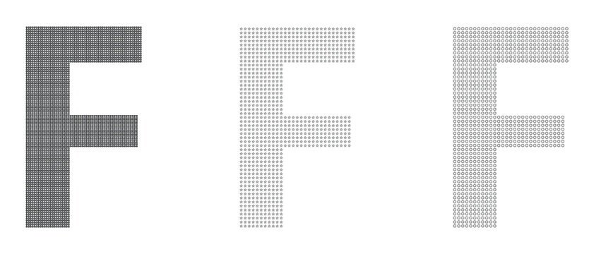 Letter f made of small geometric patterns and halftone dots with alphabet typography geometric halftone abstract character monochrome literacy