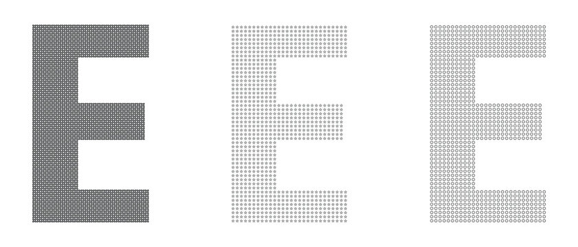 Letter e made of small geometric patterns and halftone dots with alphabet typography geometric halftone abstract character monochrome literacy