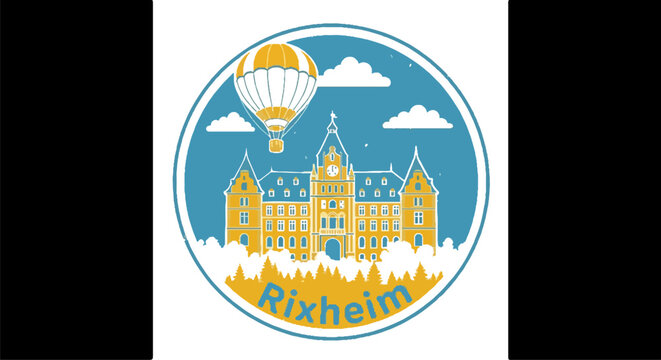 Rixheim City Seal A Colorful Illustration of a Historic Building and Hot Air Balloon.