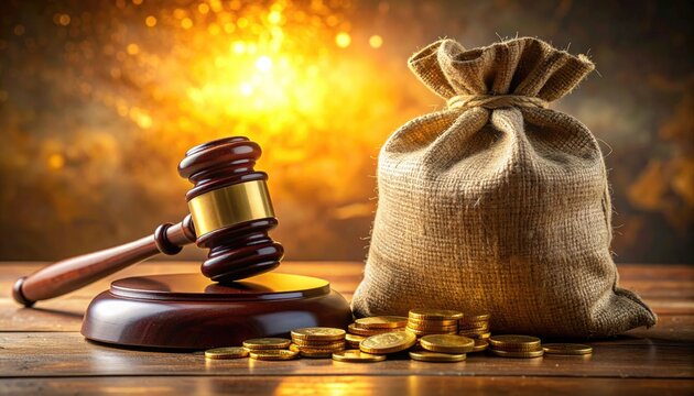 Gavel and money bag on wooden table with gold coins and glowing backdrop