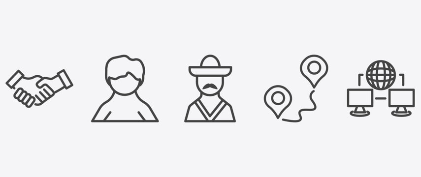 social media marketing icon set with user avatar, mexican man, path, network conecction signs in flat outline style