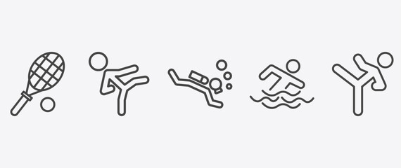 sport and game icon set with karate fighter, scuba diving, swimming figure, taekwondo signs in flat outline style © Abstract