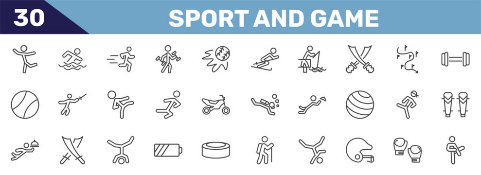 sport and game icon set with dancer motion, swimming figure, excercise, pencak silat signs in flat outline style