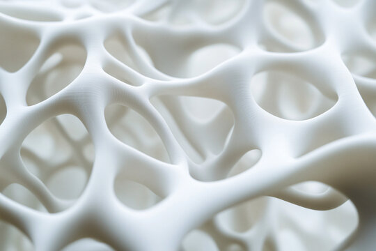 3D printed white bio-plastic lattice structure with Voronoi pattern.