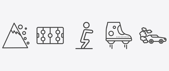 sport and game icon set with hockey arena, squat, flying shoes, drift car signs in flat outline style © Abstract