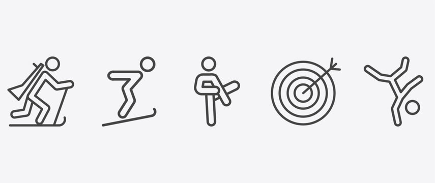 sport and games icon set with jumping ski, pencak silat, bullseye, breakdance signs in flat outline style