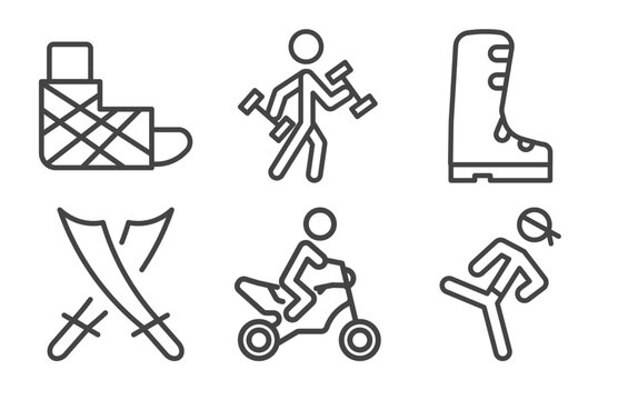 sport and games icon set with sprained ankle, excercise, saber, pencak silat signs in flat outline style