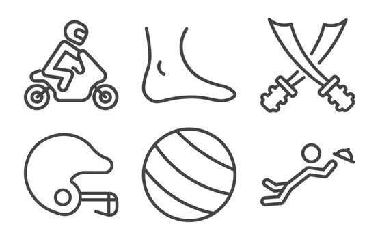 sport and games icon set with motorbike riding, ankle, baseball helmet, waiter falling signs in flat outline style