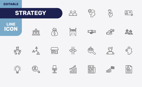 strategy icon set with sample, strategy thought, startup head, resume signs in flat outline style