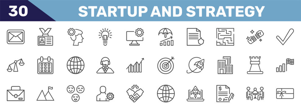 startup and strategy icon set with email, visitor, strategy thought, gift voucher signs in flat outline style