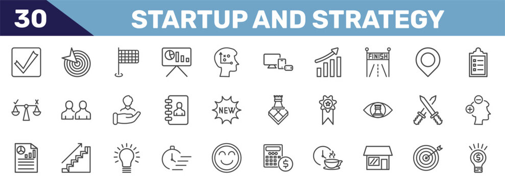 startup and strategy icon set with validate, goal, finish flag, entrepreneur signs in flat outline style