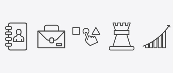 startup and strategy icon set with briefcase, choose, rook, grow signs in flat outline style © Abstract