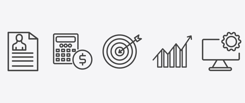 startup and strategy icon set with budget, mission, increase, web development signs in flat outline style