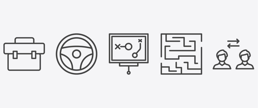 startup and strategy icon set with steering wheel, strategy sketch, strategy in a labyrinth, exchanging signs in flat outline style