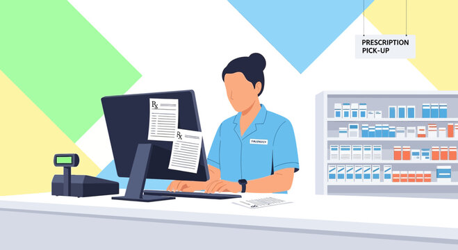 Pharmacist Filling Prescription at Counter with Computer and Shelves of Medicine