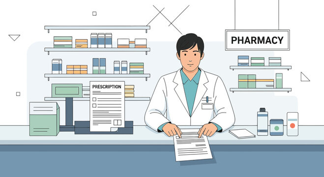 Pharmacist Filling Prescription at Counter with Medication Shelves and Signage
